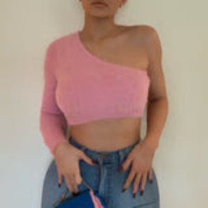 Fashion Nova Fuzzy One Shoulder Pink Sweater, Size Medium
